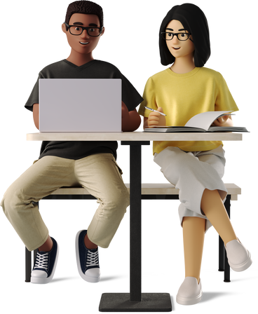 man and woman working at table with laptop PNG, SVG