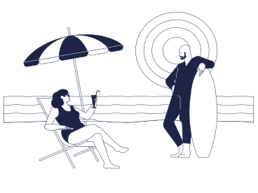 Man in surf suit standing with surfboard and woman sitting on chaise longue PNG, SVG