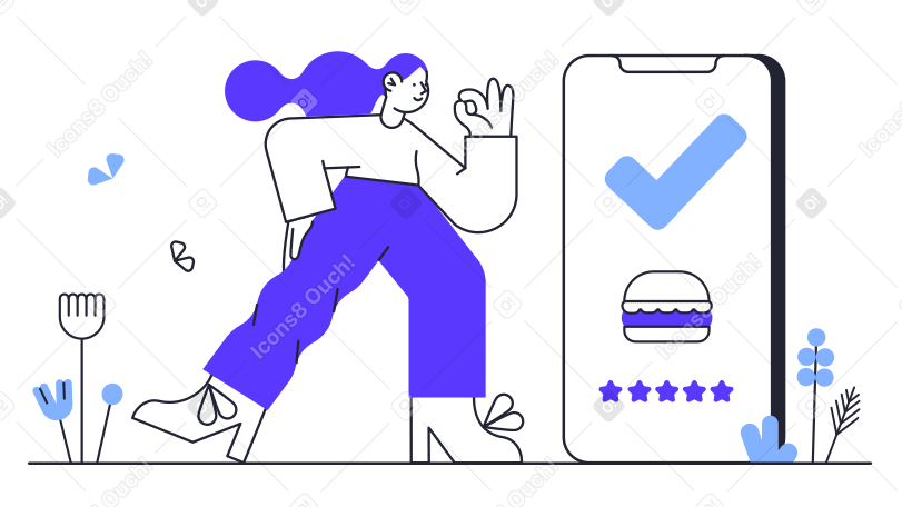 Illustration Fille satisfaite debout près de son téléphone portable avec un hamburger aux formats PNG, SVG