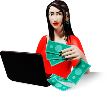 smiling woman with laptop and money PNG, SVG