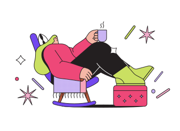 Девушка сидит в кресле-качалке с чашкой горячего напитка в PNG, SVG