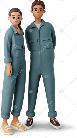 3D boy and girl in the worker jumpsuits Illustration in PNG, SVG