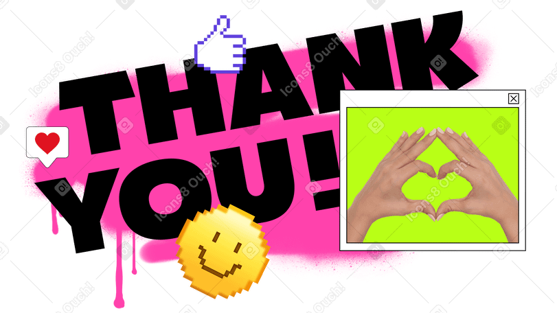 用爱心手势和笑脸文字写上“谢谢！” PNG, SVG