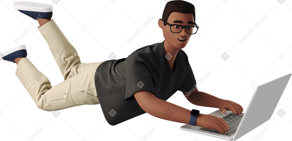 3D 男人趴在肚子上拿着笔记本电脑 PNG, SVG