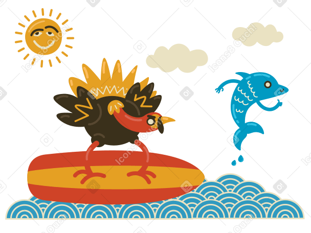 Turkey surfing with dolphin jumping above the waves PNG, SVG