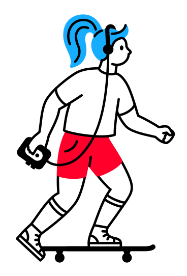 girl riding a skateboard and listening to cassette player PNG, SVG