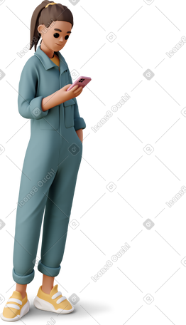 3D young woman in the worker jumpsuit looking at smartphone PNG, SVG