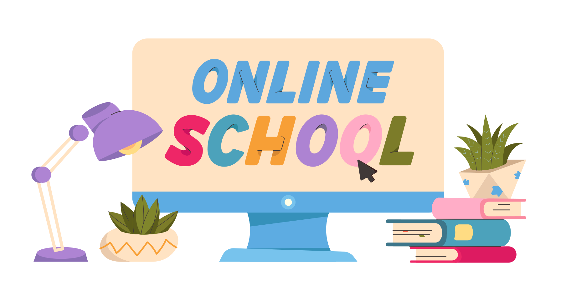 Online school text and lamp, books and succulents next to the computer Illustration in PNG, SVG