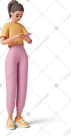 3D 年轻女子在她的手机上滚动 PNG, SVG