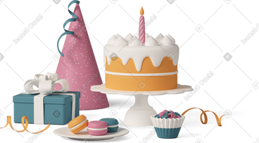 Cake dessert and macaroons for birthday party PNG, SVG