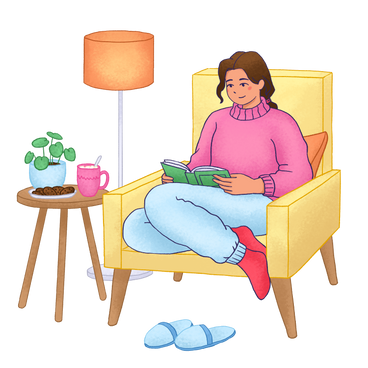 Femme assise dans un fauteuil et lisant un livre PNG, SVG