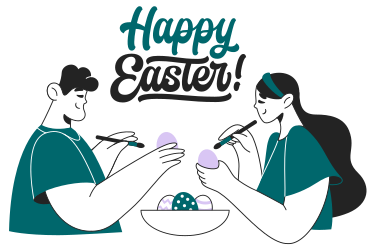 Lettering Happy Easter with girl and guy dyeing Easter eggs text PNG, SVG