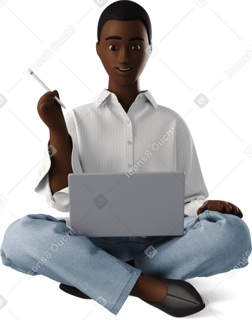 3D young woman with laptop studying online PNG, SVG