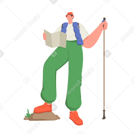 Hiker with walking pole looking at map PNG, SVG