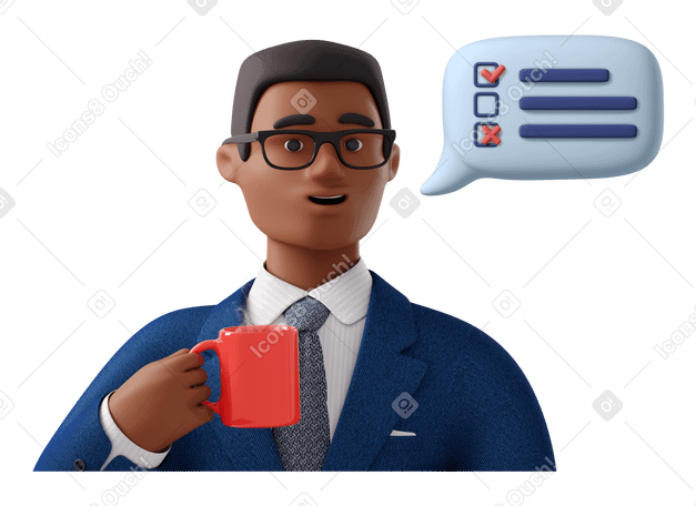 3D Businessman with coffee mug in the middle of work plans Illustration in PNG, SVG