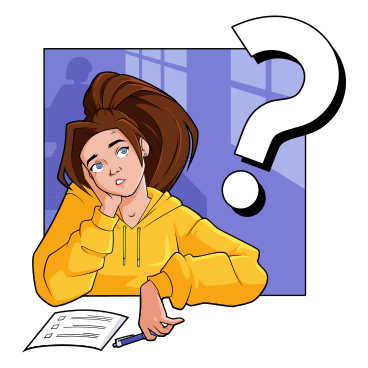 Girl sitting in class and looking up at big question mark PNG, SVG