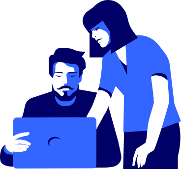 Mujer y un hombre con una computadora portátil discuten un proyecto PNG, SVG
