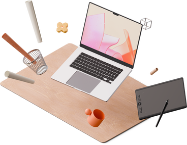 Isometric view of designer's desk with laptop, tablet and notebook PNG, SVG