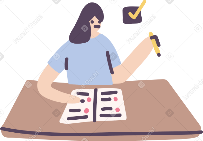 A woman sitting at a table with a book and a pencil PNG, SVG