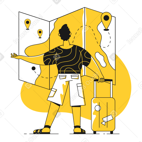 Guy with suitcase choosing a holiday destination on the map Illustration in PNG, SVG