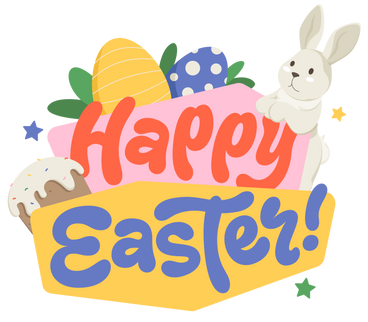 Lettering Happy Easter with eggs and toy bunny text PNG, SVG