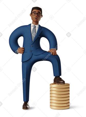 3D Биткойн-консультант мужчина стоит одной ногой на стопке монет в PNG, SVG