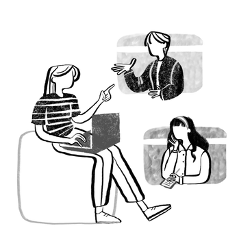 Black and white three people having work video conference PNG, SVG