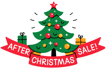 Lettering after christmas sale! with christmas tree and gifts text PNG, SVG