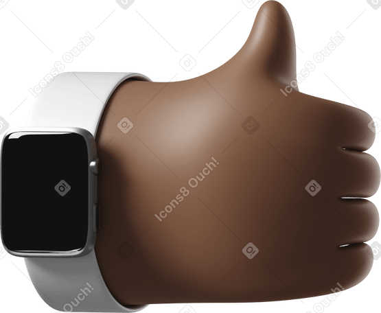 3D Mano de piel marrón oscura con reloj inteligente apagado mostrando los pulgares hacia arriba PNG, SVG