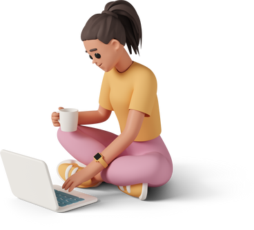 Девушка с ноутбуком и кофе сидит на полу в PNG, SVG