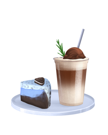 Blaubeerkuchen mit schokoladengetränk auf dem teller PNG, SVG