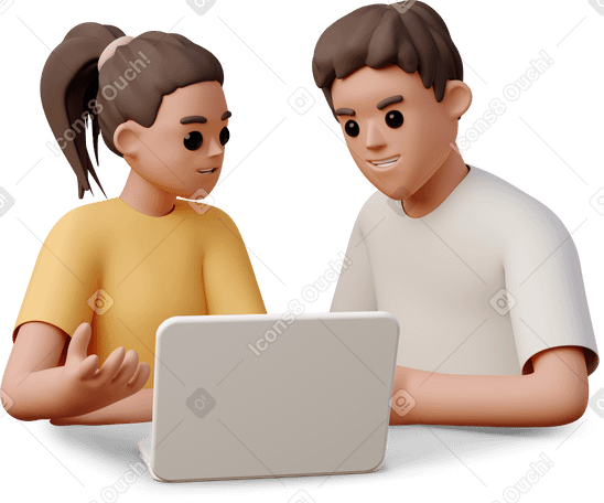 3D boy and girl sitting in front of laptop Illustration in PNG, SVG