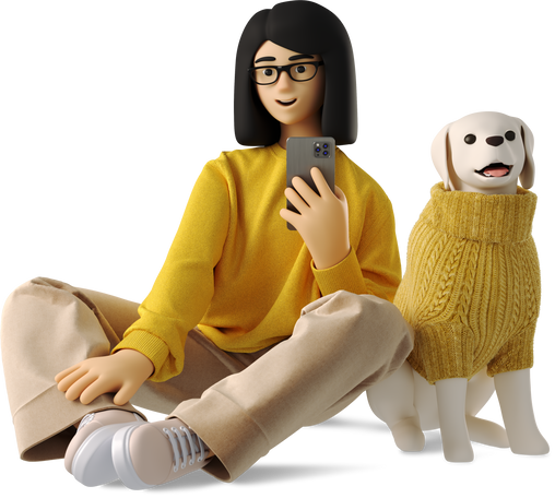 3D young woman in glasses sitting next to dog in sweater and taking photo Illustration in PNG, SVG