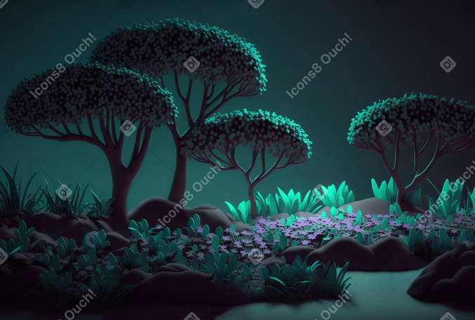3D fantasy night forest background Illustration in PNG, SVG