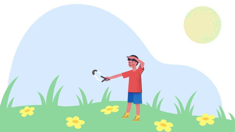Boy shoots a slingshot in the meadow Illustration in PNG, SVG