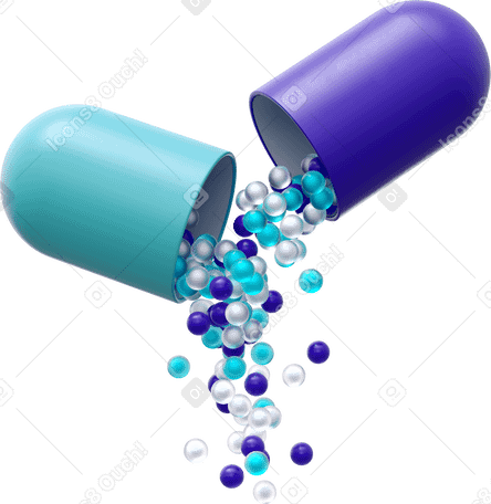 3D opened purple blue capsule with granules PNG, SVG