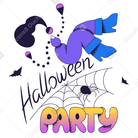 Halloween-party-schriftzug und frau, die auf einem spinnennetz sitzt PNG, SVG