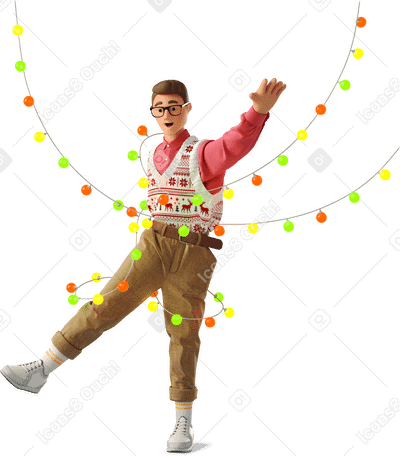3D man getting tangled in christmas lights PNG, SVG