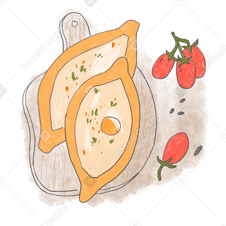 Two adjaruli and tomatoes on a wooden board PNG, SVG