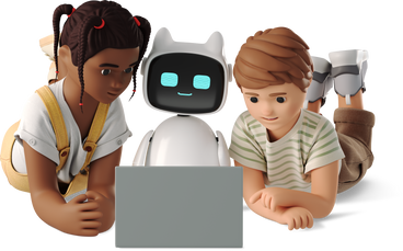 Children at a laptop with a robot assistant PNG, SVG