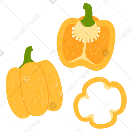 Yellow bell pepper, half of a pepper and a pepper slice PNG, SVG