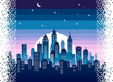 pixel city skyline at night with disappearing borders PNG, SVG