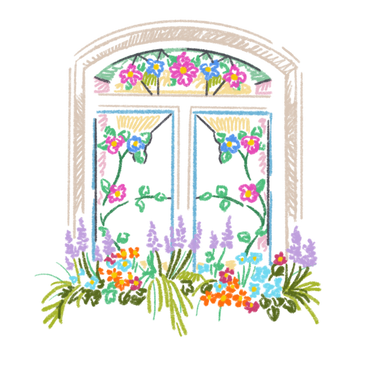 Stained glass window with a bed of flowers PNG, SVG