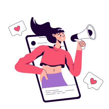 Woman with a loudspeaker promoting products and services online PNG, SVG