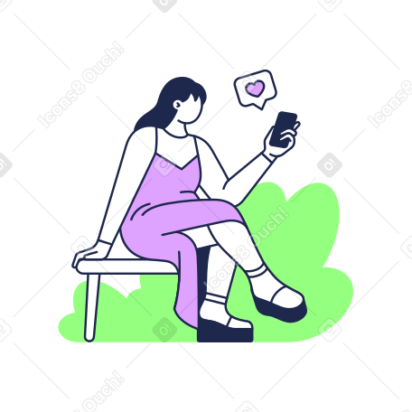 Woman texting with cell phone on park bench PNG, SVG