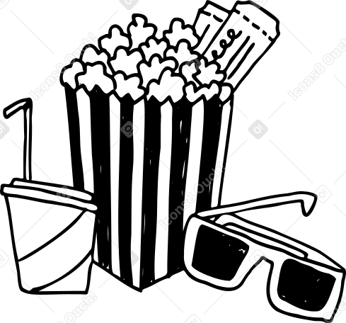 Popcorn con bevanda, biglietti per il cinema e occhiali 3d PNG, SVG