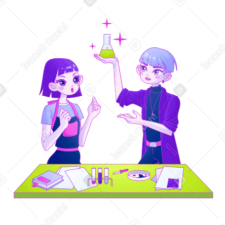 Boy and girl conduct an experiment and create a new substance PNG, SVG