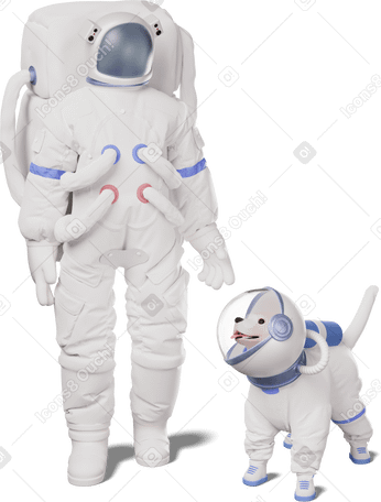 3D astronaut and dog in space suit looking at each other PNG, SVG
