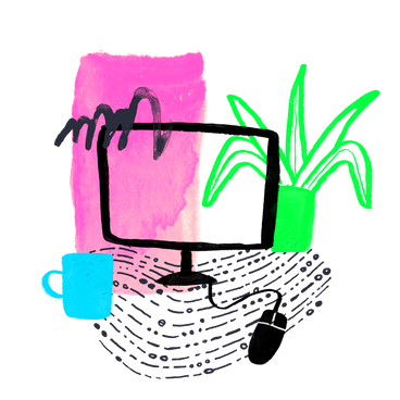 computer work place with cup and plant PNG, SVG