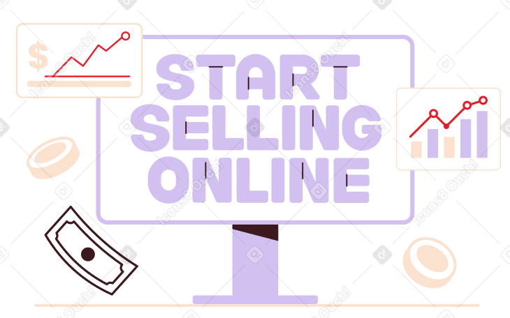 Schriftzug „start selling online“ auf dem bildschirm mit münzen und text zu wachstumsdiagrammen PNG, SVG